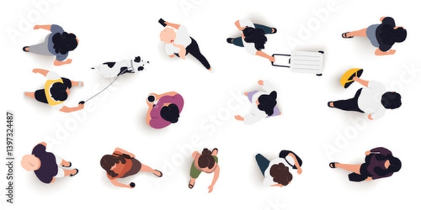 Fototapeta Top view of people set isolated. Men and women. View from above. Vector illustration. Male and female characters. Simple flat style design. Realistic silhouettes.