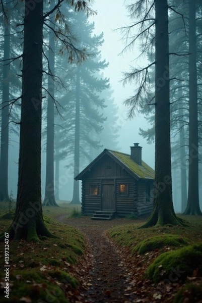 Fototapeta Foggy forest scene with vintage camera and wooden cabin, fog, mist, forest