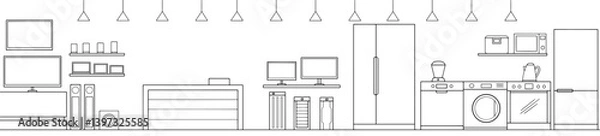 Obraz Electronics store interior graphic black white sketch long illustration vector 