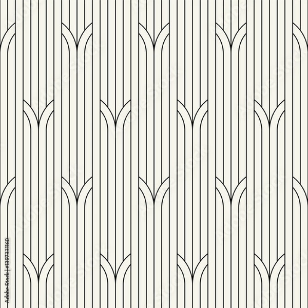 Fototapeta Vector seamless patterns set. Stylish modern geometric ornament. Geometric striped background with arches. Art deco thin monochrome swatches. Tileable prints with linear weaving arches.
