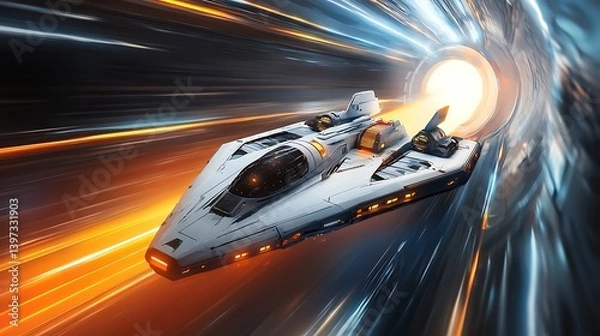 Fototapeta sci-fi concept with fast spaceship moving through dimensional light tunnel featuring glowing energy motion and advanced technology travel