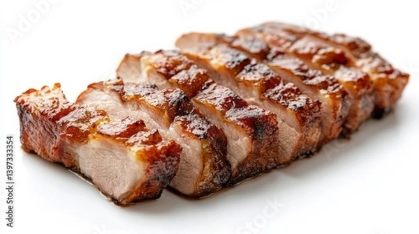 Fototapeta Deliciously Grilled Sliced Pork with Crisp Glaze Ready for Gourmet Culinary Presentation and Indulgent Tasting Experience