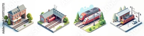 Obraz artistic representation of a model train station featuring colorful trains, detailed buildings, and lush greenery.