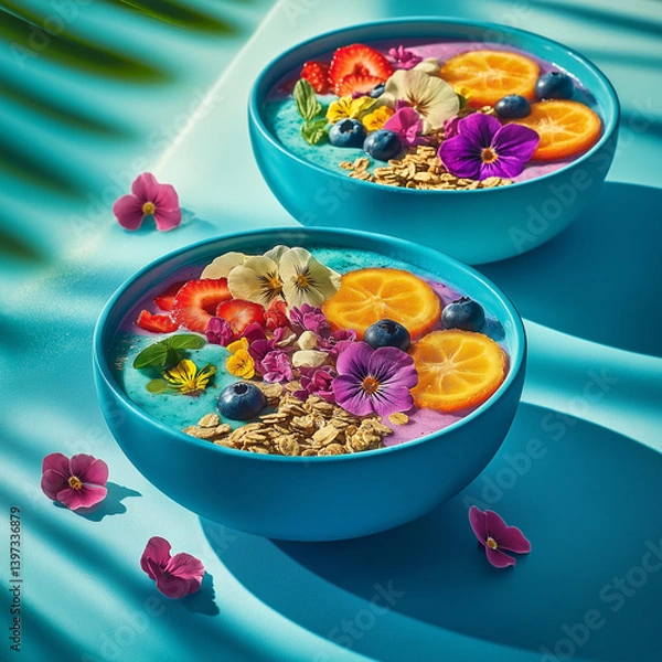 Obraz Colorful smoothie bowls topped with fresh fruit