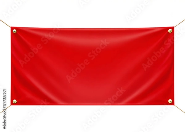 Fototapeta A red banner with gold grommets hanging against a black background space on transparent background