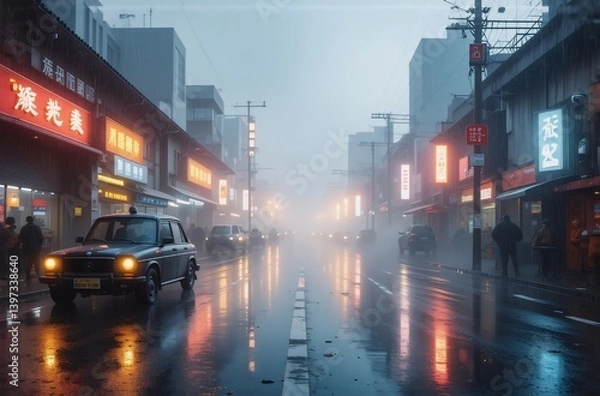 Fototapeta A misty, rain-slicked city street at night, glowing with neon signs reflecting on the wet pavement.  A vintage car sits parked, adding to the atmospheric scene.