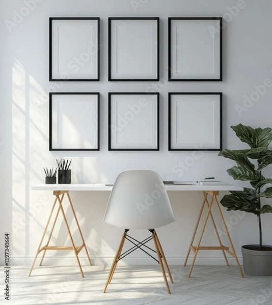 Fototapeta Modern Minimalist Workspace with Empty Frames, Stylish Chair, and Green Plant in Bright Room