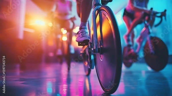 Fototapeta diverse group of people in indoor cycling class riding spin bikes during high energy cardio workout under colorful lights in a happy fitness studio setting