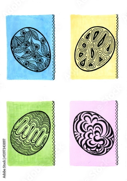 Fototapeta The image shows four decorative Easter eggs, each of which is placed on a rectangular background of a different color: blue, yellow, green and pink. Each egg has its own unique ornament in the doodle.