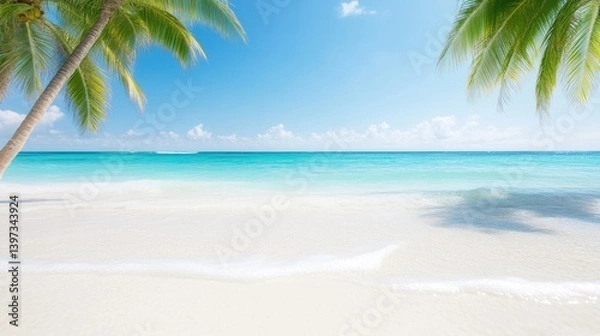 Fototapeta Tropical beach paradise with soft waves lapping on pristine white sand beneath swaying palm trees against a vibrant turquoise ocean and clear sky