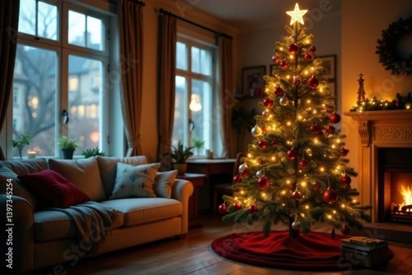 Fototapeta Decorated Christmas tree with lights and ornaments in a cozy living room, Ornaments, Holiday Decorations, Lights