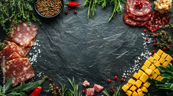 Obraz Charcuterie and Cheese Platter with Cured Meats Fresh Herbs Colorful Peppercorns and Rustic Slate Surface for Gourmet Food Concepts