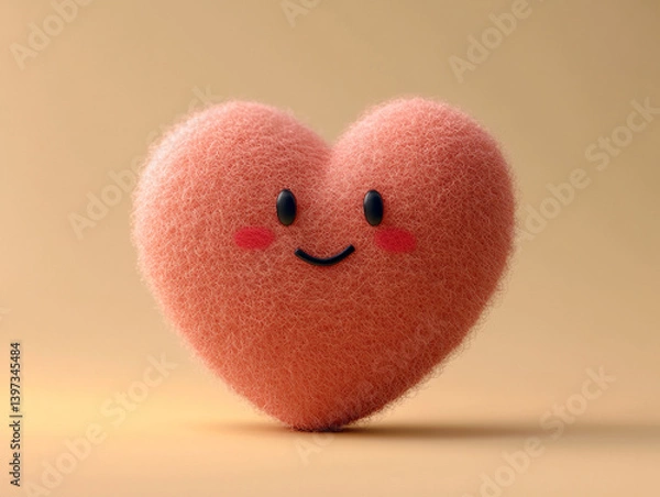 Fototapeta A charming fluffy heart with a smiling face sits cheerfully on a warm backdrop, spreading happiness Generative AI