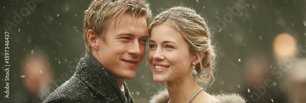 Fototapeta Emotional winter wedding moment with a groom in a dark coat warmly embracing the bride in a white