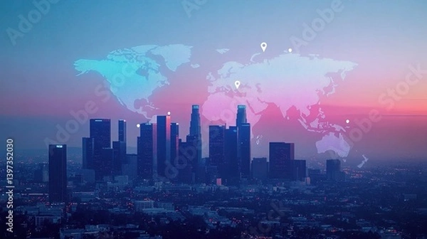 Fototapeta Holographic World Map with Location Pins on Urban Cityscape Background