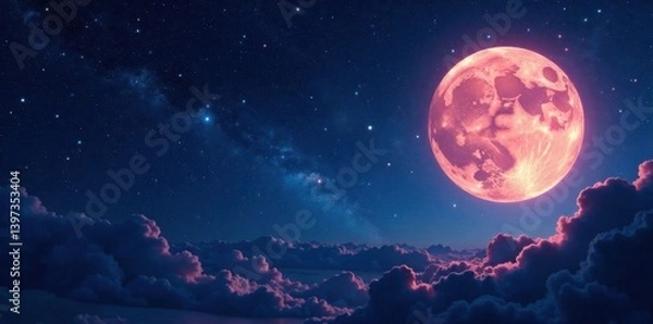 Fototapeta Cosmic background of twinkling stars and a bright full moon, stars, space, atmosphere