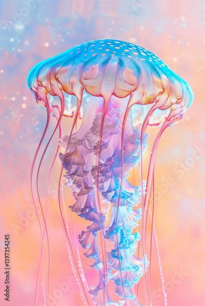 Fototapeta A big iridescent jellyfish drifts elegantly, showcasing its stunning pastel colors in calm waters Generative AI