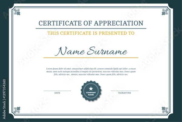 Obraz Vintage achievement certificate template vector, professional design in blue	