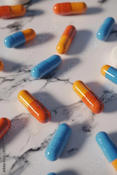 Fototapeta Colorful pills scattered on a table
