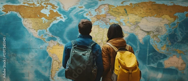 Fototapeta Couple looking at a world map with their backpacks