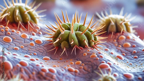 Obraz Extreme close-up Extreme close-up of human skin cells under microscope, detailed texture and cell membranes, biomedical visualization styleof cactus surface, showing thorns and textured skin, isolated