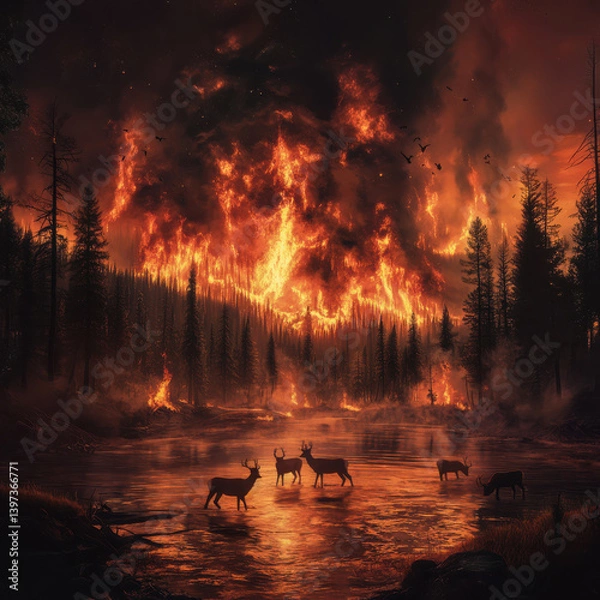 Fototapeta A devastating wildfire engulfs a dense forest, with flames and thick smoke filling the air. The intense heat and destruction highlight the impact of climate change and deforestation.
