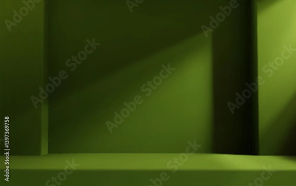 Obraz Green olive room studio with table top and natural light. Product presentation template.