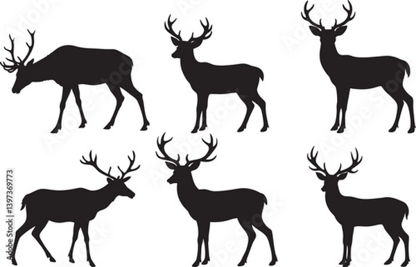 Obraz Deer Silhouettes Set with Antlers, vector illustration