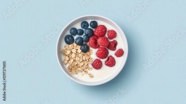 Fototapeta Refreshing Smoothie Bowl Topped with Fresh Berries and Crunchy Granola on a Light Blue Background