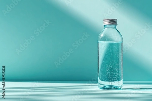 Fototapeta Minimalist bottle filled with clear water, illuminated by soft s
