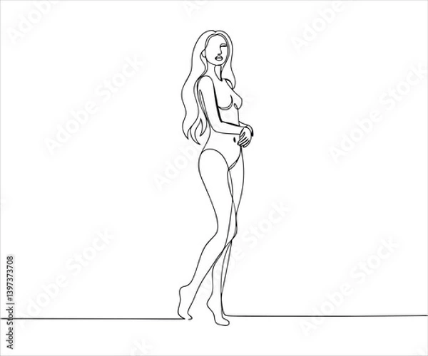 Fototapeta A single-line vector illustration featuring the silhouette of a stunning woman against a white backdrop, showcasing a line art style.