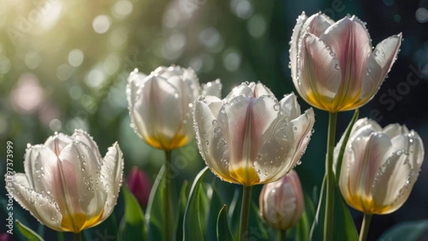 Fototapeta tulips flowers in morning dew in the garden