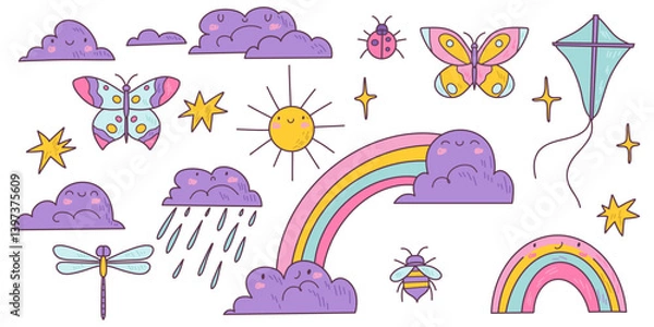Fototapeta Set of kawaii weather elements. Childish clouds, rainbow, insects and sun with emotions. Good for patterns, posters, paper and scrapbooking