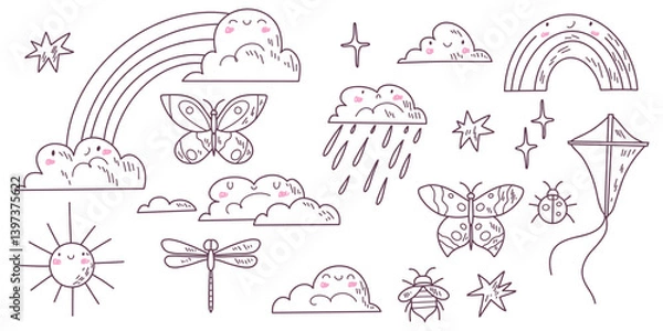 Fototapeta Set of kawaii weather elements. Childish clouds, rainbow, insects and sun with emotions. Good for patterns, posters, paper and scrapbooking