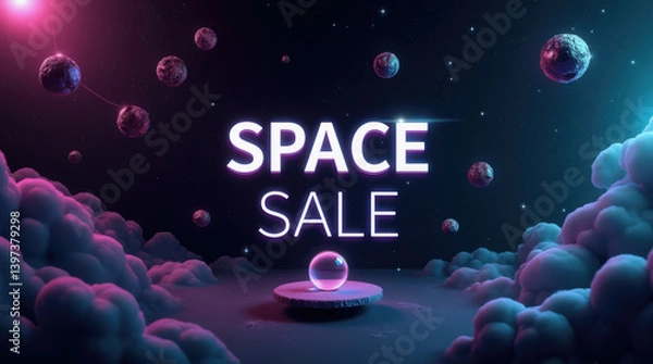 Fototapeta A vibrant promotional display features bold text announcing a space sale, surrounded by floating planets and soft clouds against a dark cosmic background