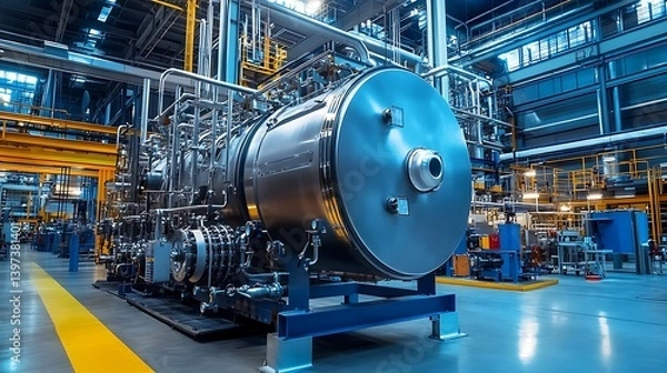 Fototapeta power generation facility featuring large boiler vessel and industrial equipment for thermal systems and high pressure engineering applications