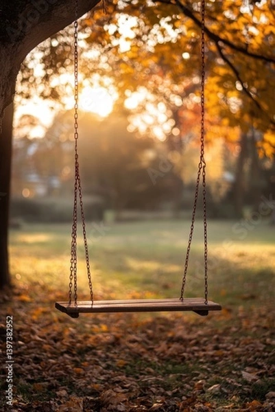 Fototapeta Rustic swing hanging from tree, surrounded by warm autumn colors