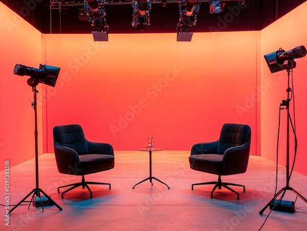 Obraz Studio Interview Setup: Warm Red Backdrop, Modern Chairs, Cinematic Lighting