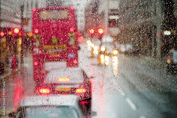 Fototapeta Rain in London view to red bus through rain-specked window