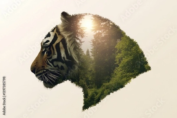 Fototapeta Majestic tiger silhouette merges with lush forest, creating harm