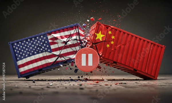 Fototapeta china and us trade war ,shipping containers colliding and exploding mid-air metallic shreds, political and economic fight for power worldwide