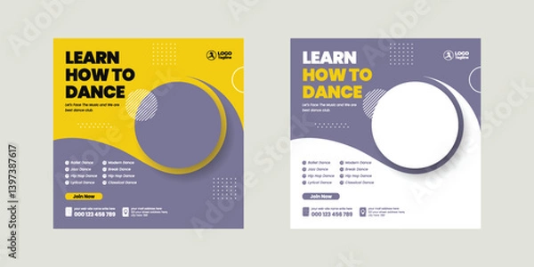 Fototapeta Dance learning school editable social media post, banner, ad template, social media square flyer or poster for dancing school web banner design