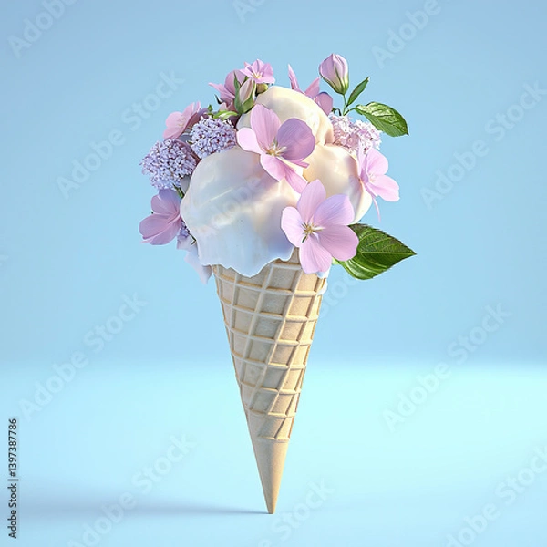 Fototapeta Ice cream cone with flowers on pastel blue background 