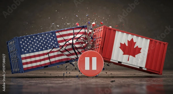 Obraz canada and us trade war ,shipping containers colliding and exploding mid-air metallic shreds, political and economic fight for power worldwide