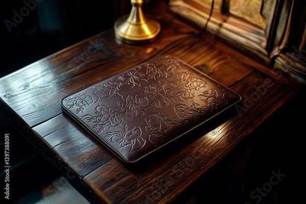 Fototapeta Elegant leather laptop sleeve in rich espresso brown placed on a wooden table in a cozy workspace with warm lighting
