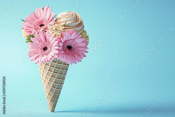 Fototapeta Ice cream cone with flowers on pastel blue background 
