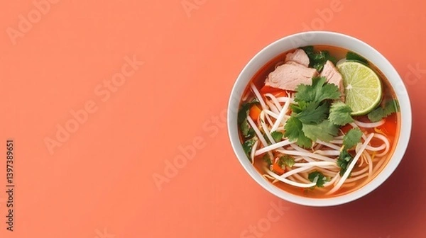 Fototapeta Comforting Bowl of Noodle Soup with Fresh Ingredients on a Vibrant Background for Culinary Inspiration