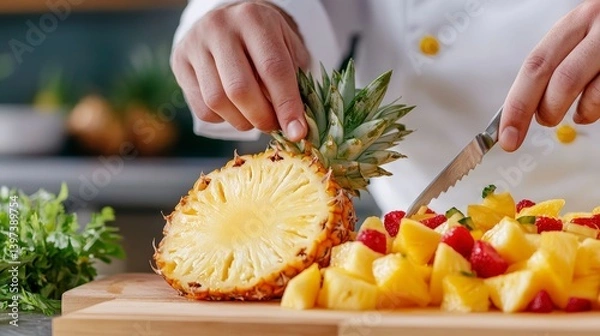 Fototapeta Chef Carving Pineapple and Preparing Colorful Fruit Mix in Modern Kitchen Setting