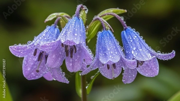 Fototapeta Delicate Bluebell Petals Close-Up with Water Droplets in Beautiful Natural Setting