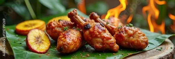 Fototapeta Spicy grilled chicken drumsticks on banana leaf with grilled lemon and flames